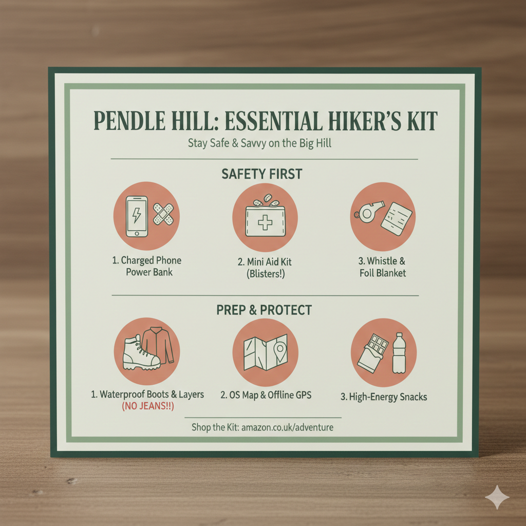 an information card with details about what you should take for safety when going up pendle hill