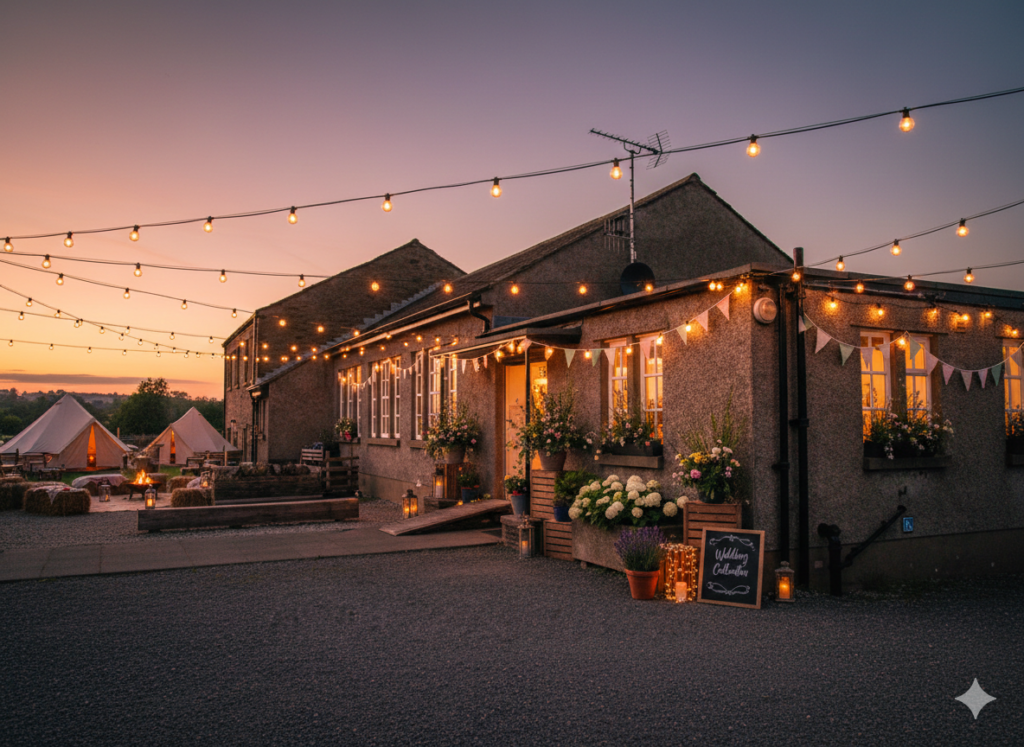 a village hall in the evening decorated and lit for a rural and DIY wedding