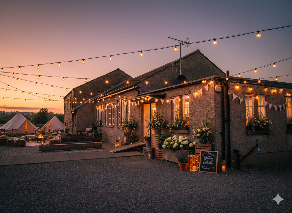 a village hall in the evening decorated and lit for a rural and DIY wedding