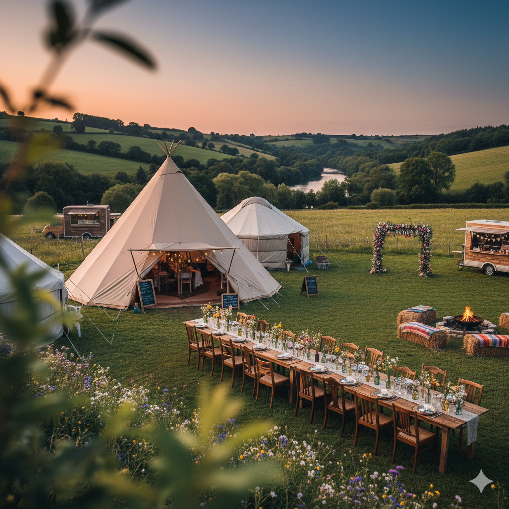 yurts, tents and outside dining with an ice cream van for a wedding