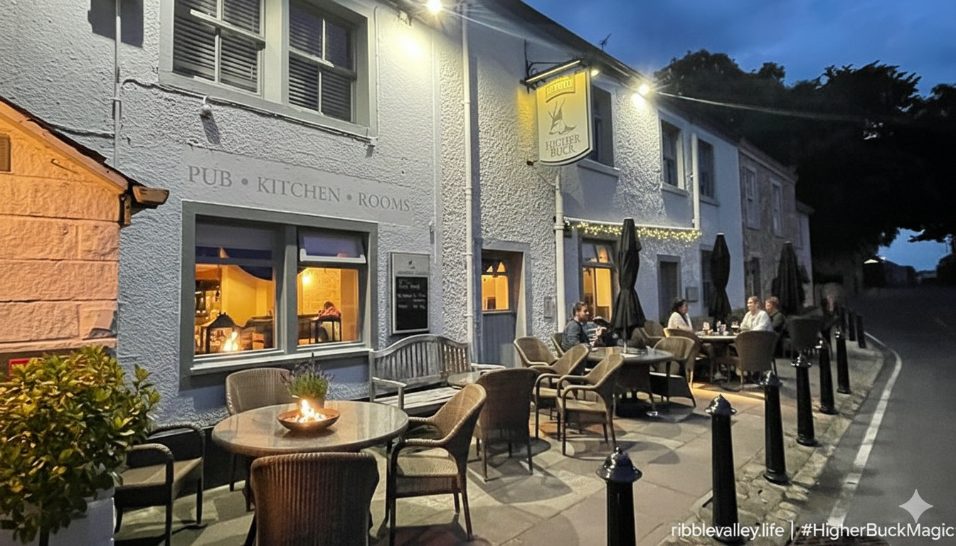 people sat outside the higher buck in the evening