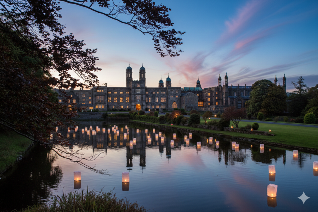 lanterns floating on the pond at the front of stonyhurst college