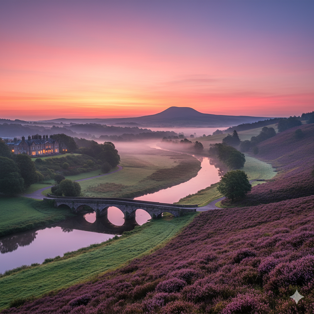 manor house on hill overlooking the river