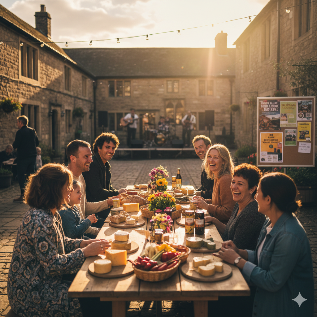 group of people sat around a table in a courtyard enjoying a drink