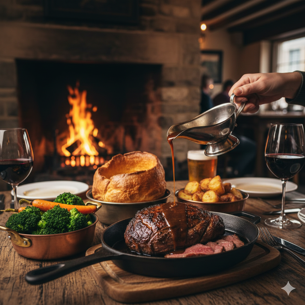 food on a pub table in front of roaring fire with someone pouring gravy onto the meal