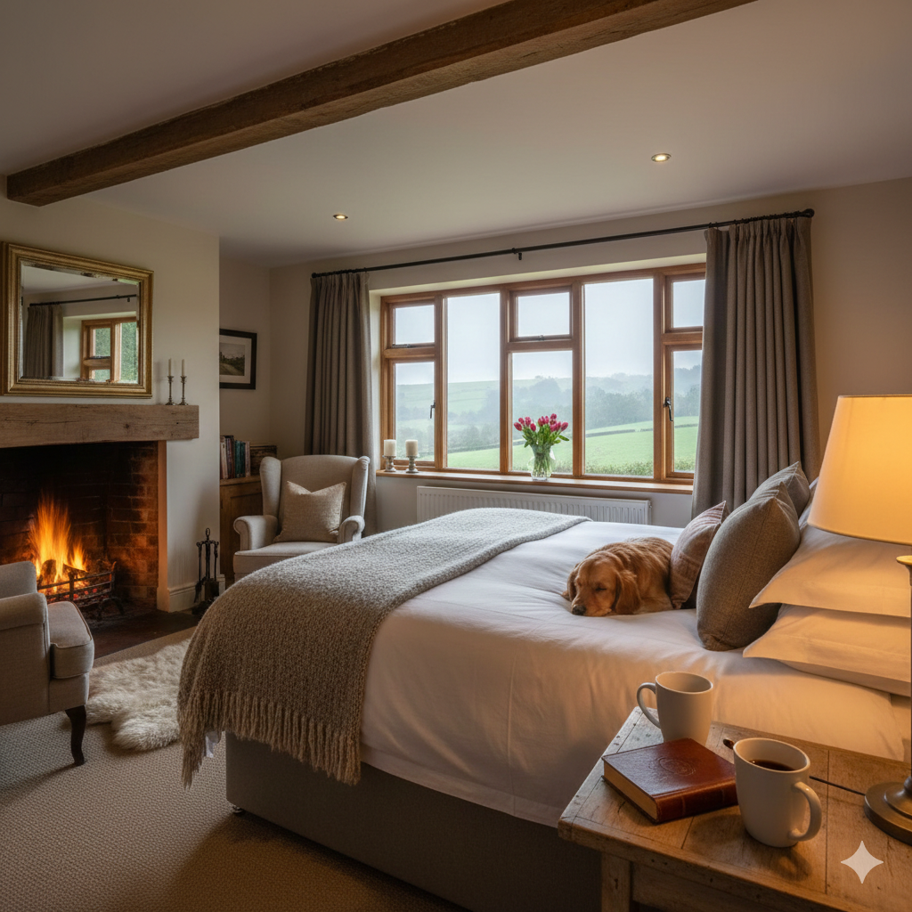 cosy hotel room with open fire and dog asleep on the bed