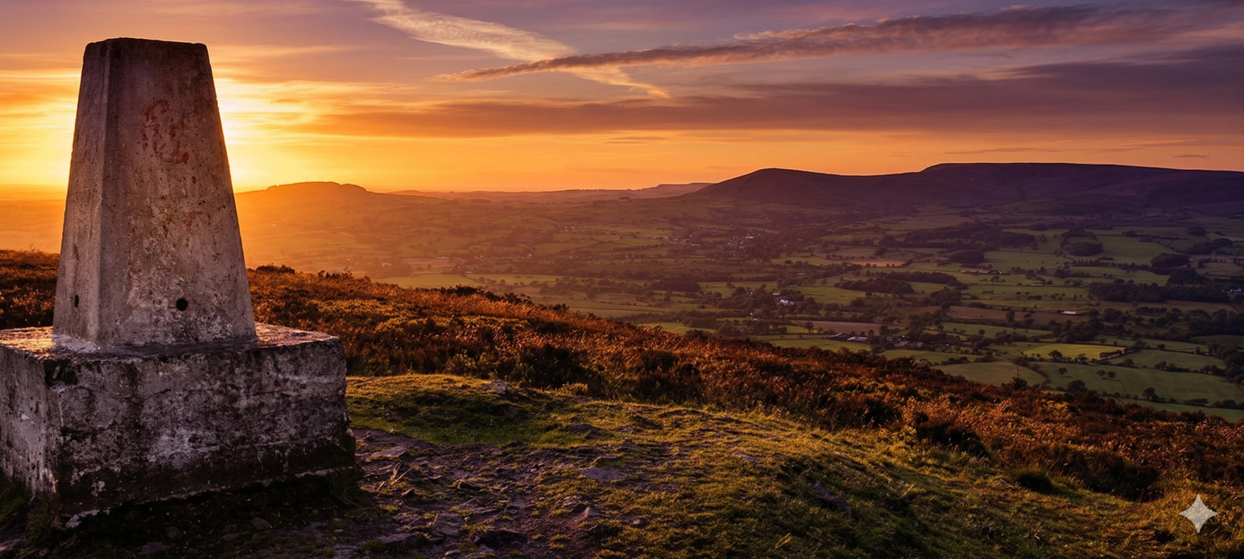 longridge fell at the trig point at sunset