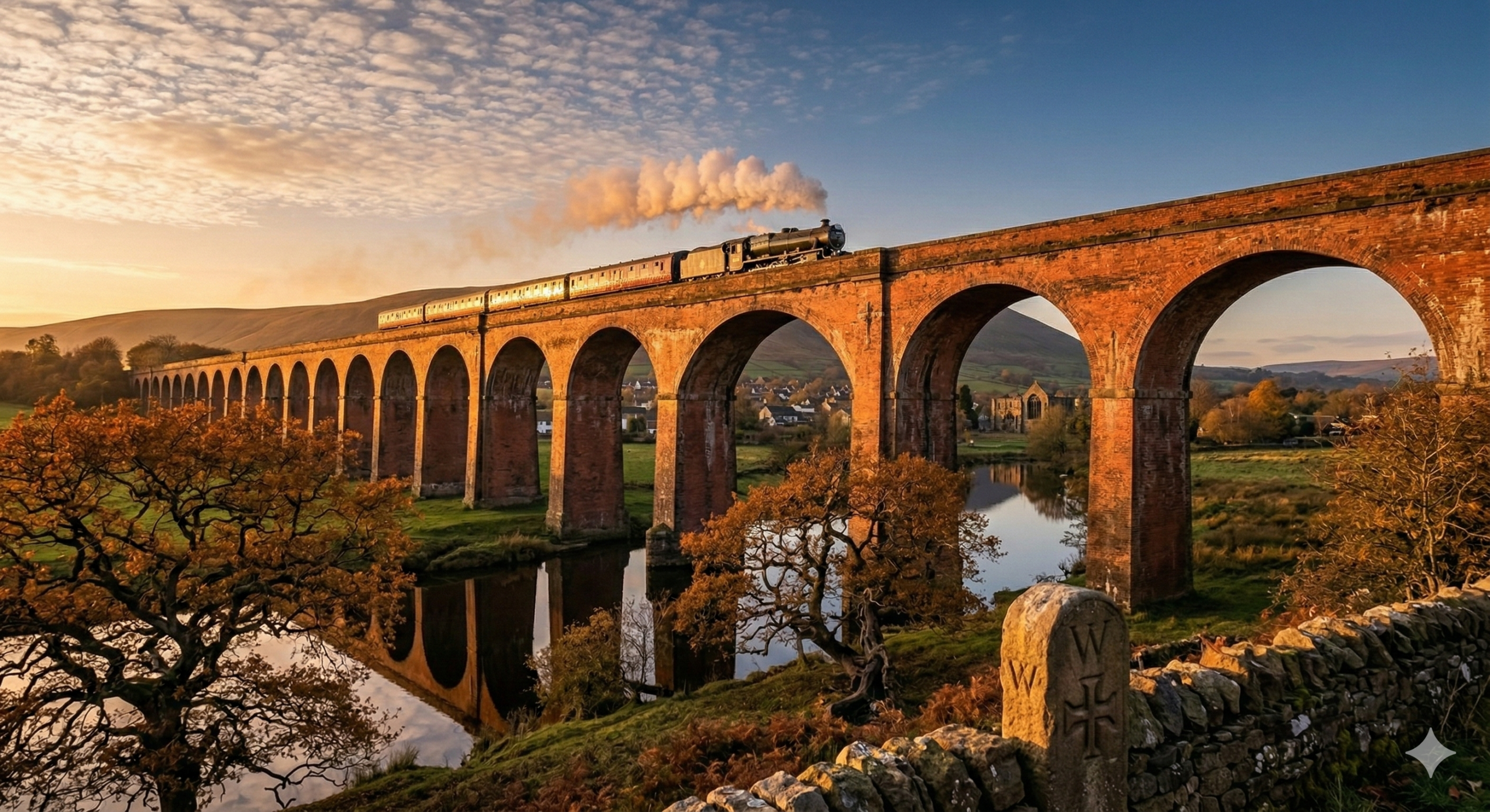 whalley viaduct with a steam train crossing over
