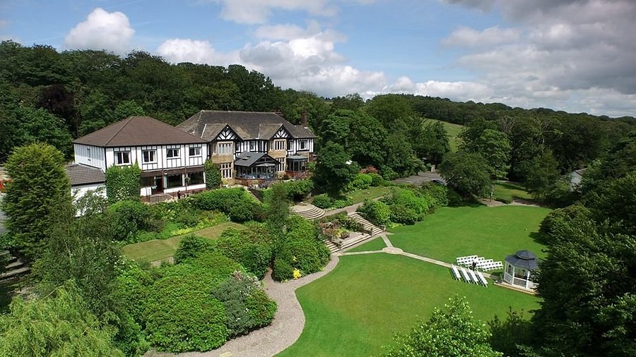 Aerial view of the Higher Trapp Hotel and gardens
