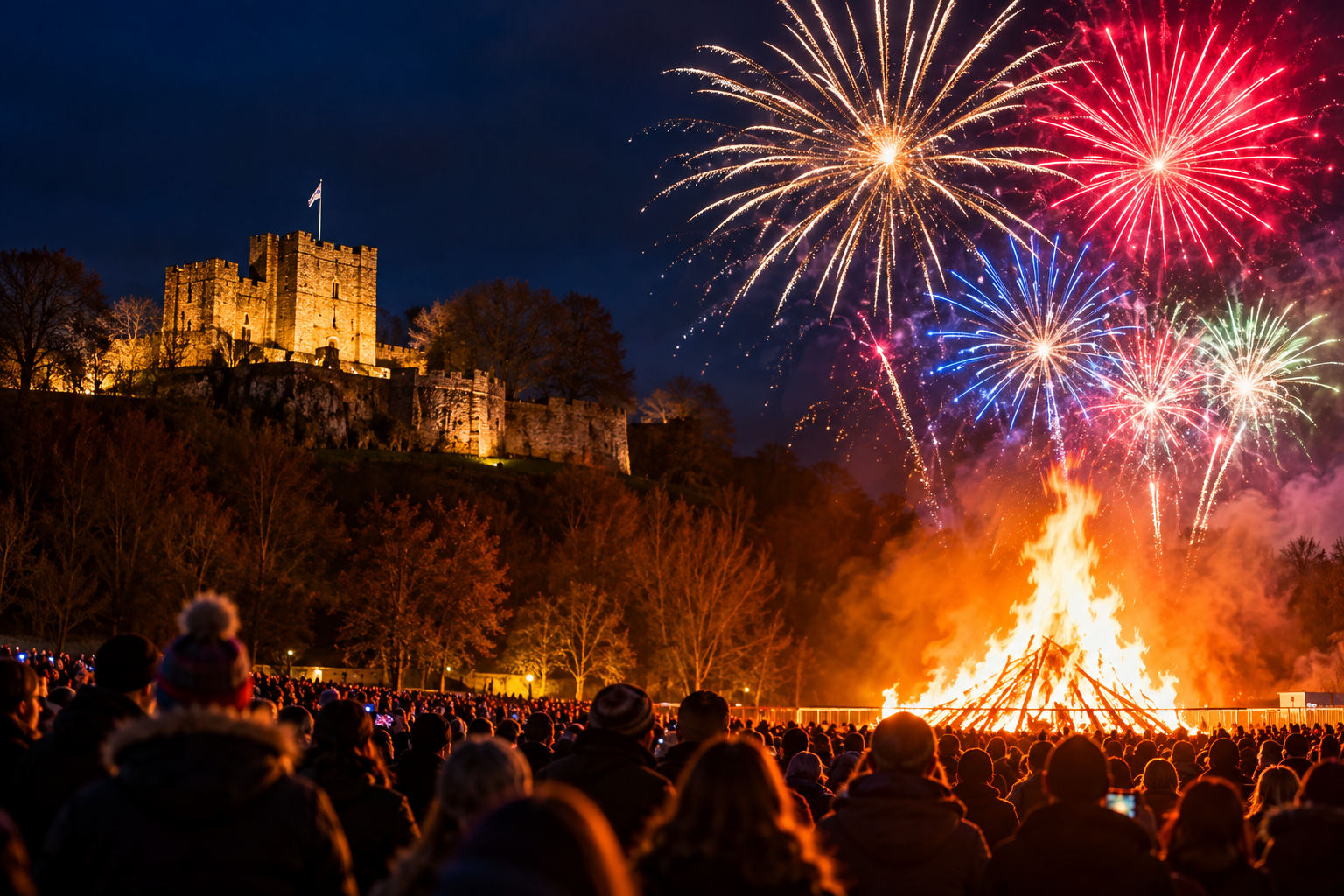 Clitheroe Castle Bonfire & Fireworks 2026 – Dates, Tickets & Info 1 firework display and bonfire with the castle in the background